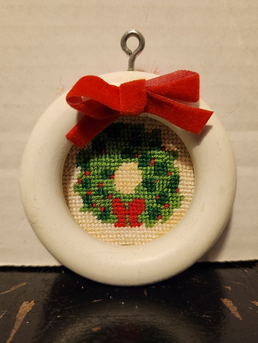 Vintage Handmade Cross-stitch Christmas Ornament Wreath Framed 1980’s
